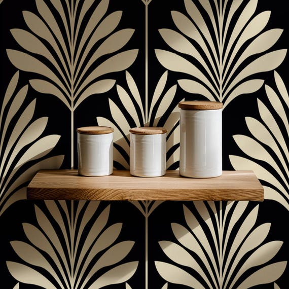 Art Deco Palm Wallpaper - Black and Cream Geometric Luxury Wall Decor, Vintage 1920s Glam, Eco-Friendly & Removable Design