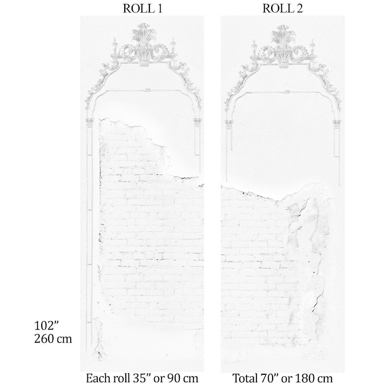 May include: Two rolls of wallpaper with a distressed white brick wall pattern and a decorative white archway design. Each roll is 35 inches or 90 centimeters wide and 102 inches or 260 centimeters long. The total length of the two rolls is 70 inches or 180 centimeters.