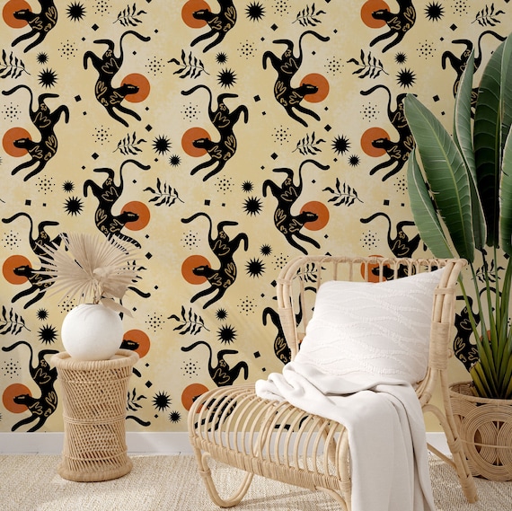 Boho Leopard Cat Wallpaper - Playful Exotic Animal Print Home Decor for Living Room & Bedroom Wall Art