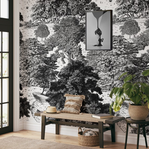 Black and White Tree Wall Mural Extra Large Vintage Forest Woodland Landscape Art for Home Decor