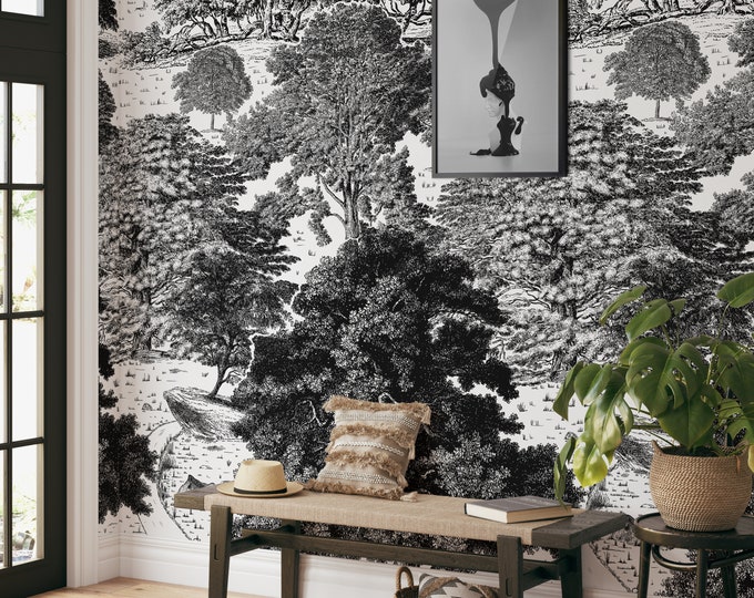 Black and White Tree Wall Mural Extra Large Vintage Forest Woodland Landscape Art for Home Decor