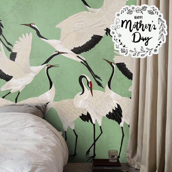 Green Heron Print Wallpaper, Crane Wallpaper, Removable Wallpaper, Elegant Crane Dance Wallpaper, Graceful Bird Design