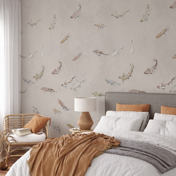 Watercolor Fish Wallpaper, Gentle Aquatic Elegance, Serene Underwater Scene, Artistic Monochrome Decor