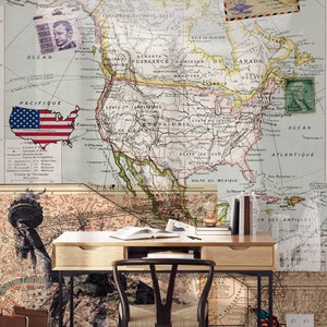Behang 4 juli Amerikaanse vlag VS, vintage landschapsmuurschildering Amerikaanse kaart