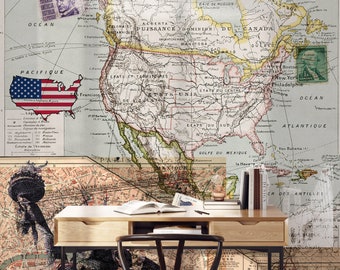 Vintage USA Map Wallpaper Mural with American Flag, Patriotic Collage Wall Decor, Paper Rolls Set 260x180 cm