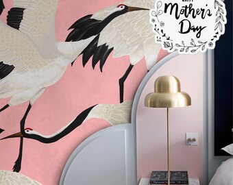 Pink Heron Wallpaper, Luxury Wallpaper with Asian Birds, Popular Design Wall Decor, Vintage Crane Removable Wallpapering