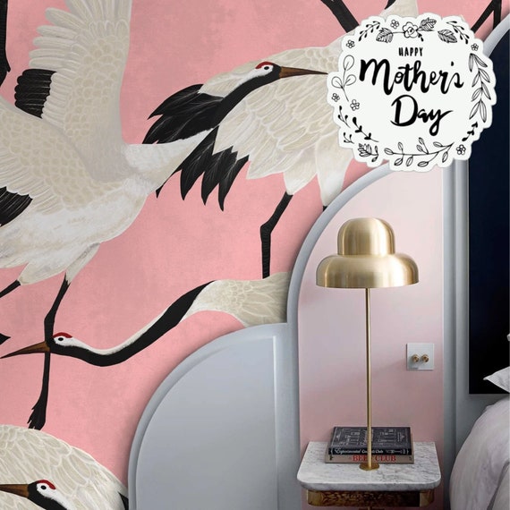 Pink Heron Wallpaper, Luxury Wallpaper with Asian Birds, Popular Design Wall Decor, Vintage Crane Removable Wallpapering