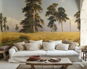 Golden Wheat Field Wallpaper | Realistic Rural Landscape Mural | Country Nature Scene | Eco-Friendly & Removable