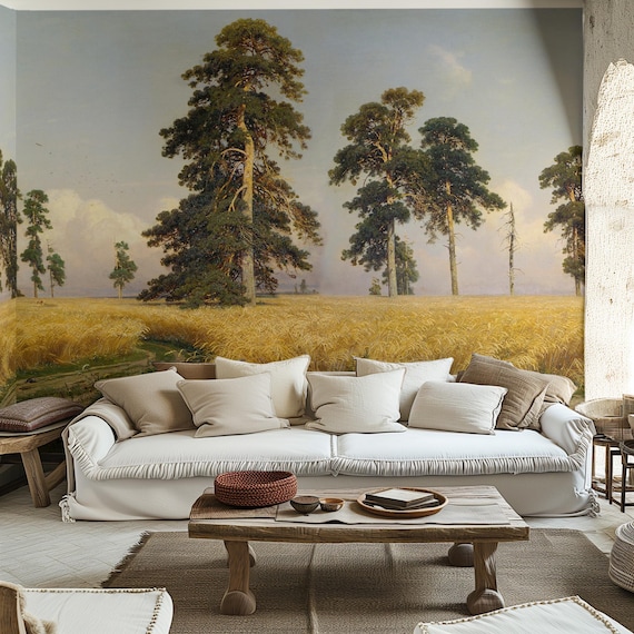 Golden Wheat Field Wallpaper | Realistic Rural Landscape Mural | Country Nature Scene | Eco-Friendly & Removable