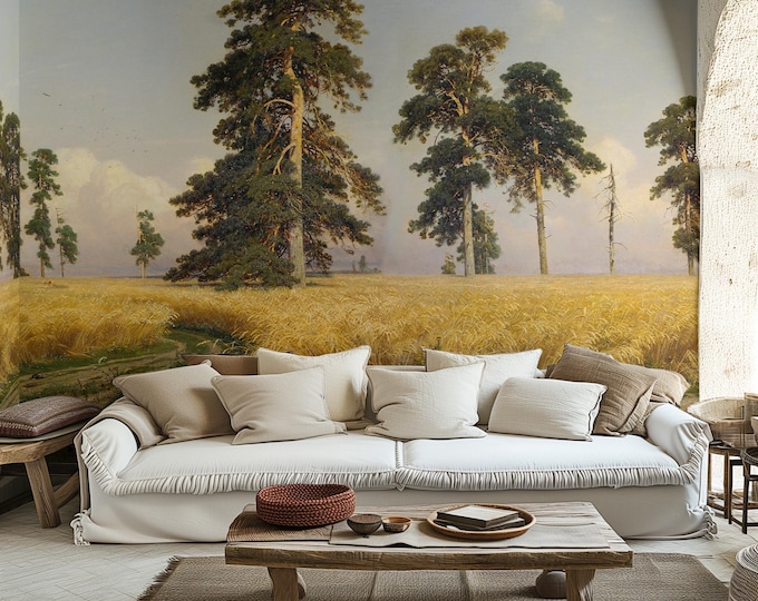 Golden Wheat Field Wallpaper | Realistic Rural Landscape Mural | Country Nature Scene | Eco-Friendly & Removable