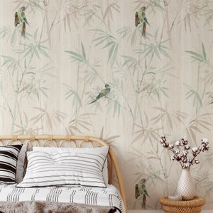 Bamboo Forest Chinoiserie Wallpaper, Asian Decor with Parrots, Japanese wall art, Japandi Oriental Wall Decor