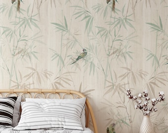 Bamboo Forest Chinoiserie Wallpaper, Asian Decor with Parrots, Japanese wall art, Japandi Oriental Wall Decor