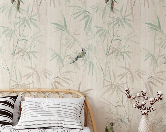 Bamboo Forest Chinoiserie Wallpaper, Asian Decor with Parrots, Japanese wall art, Japandi Oriental Wall Decor