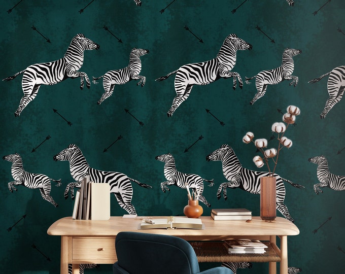 Zebra with Arrow Wallpaper, Savanna Animals Wall Mural, Green Flying Zebra Wallpaper, Zebras Wall Decor