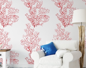 Red Coral Wallpaper for Beach House Decor, DIY wallpaper, Coral Reef Watercolor Paint Temporary Wall Art