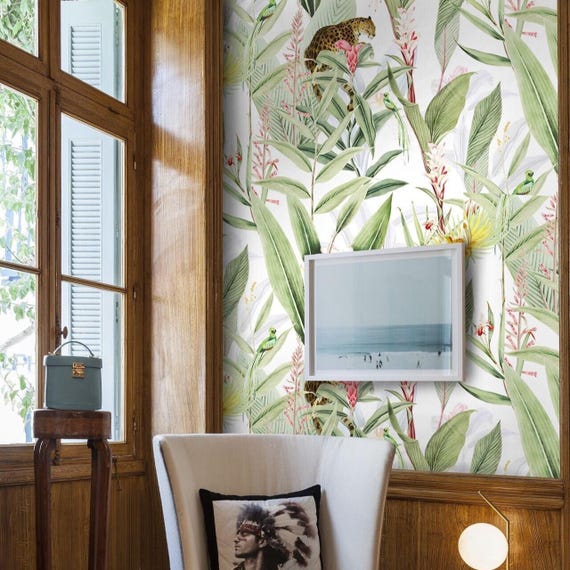 Tropical Jungle Jaguar Wallpaper, Chinoiserie Botanical Wall Mural, Green White Animal Wallpaper