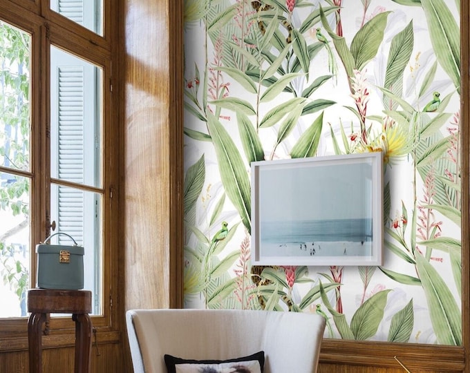 Tropical Jungle Jaguar Wallpaper, Chinoiserie Botanical Wall Mural, Green White Animal Wallpaper