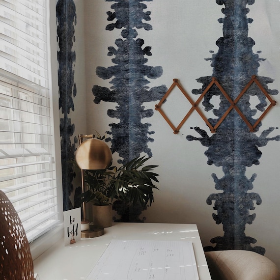 InkBlots Shibori Wallpaper, Extra Large Wall Art Blue and White Abstract Wall Decor