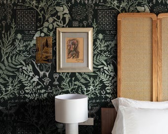 Botanical Wallpaper - Enchanting Green Herbal Design with Mystical Symbols & Esoteric Motifs for Unique Home Decor