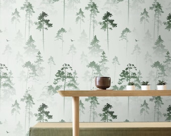 Watercolor Tree Wallpaper Green & White, Hazy Forest Wall Decor, Nature Landscape Mural for Living Room Bedroom