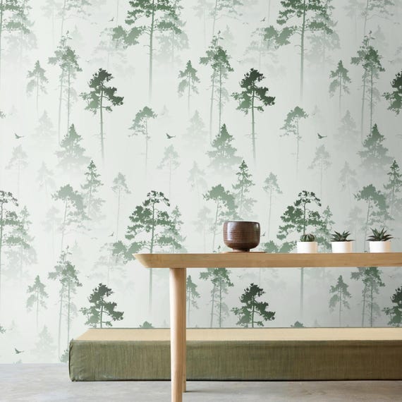 Watercolor Tree Wallpaper Green & White, Hazy Forest Wall Decor, Nature Landscape Mural for Living Room Bedroom