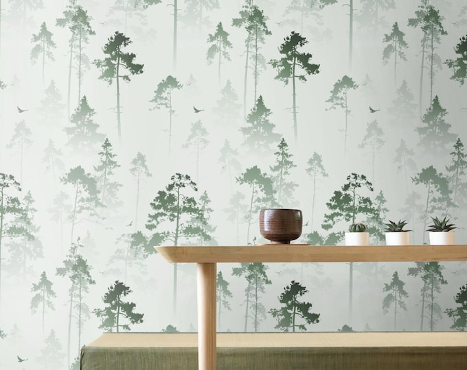 Watercolor Tree Wallpaper Green & White, Hazy Forest Wall Decor, Nature Landscape Mural for Living Room Bedroom