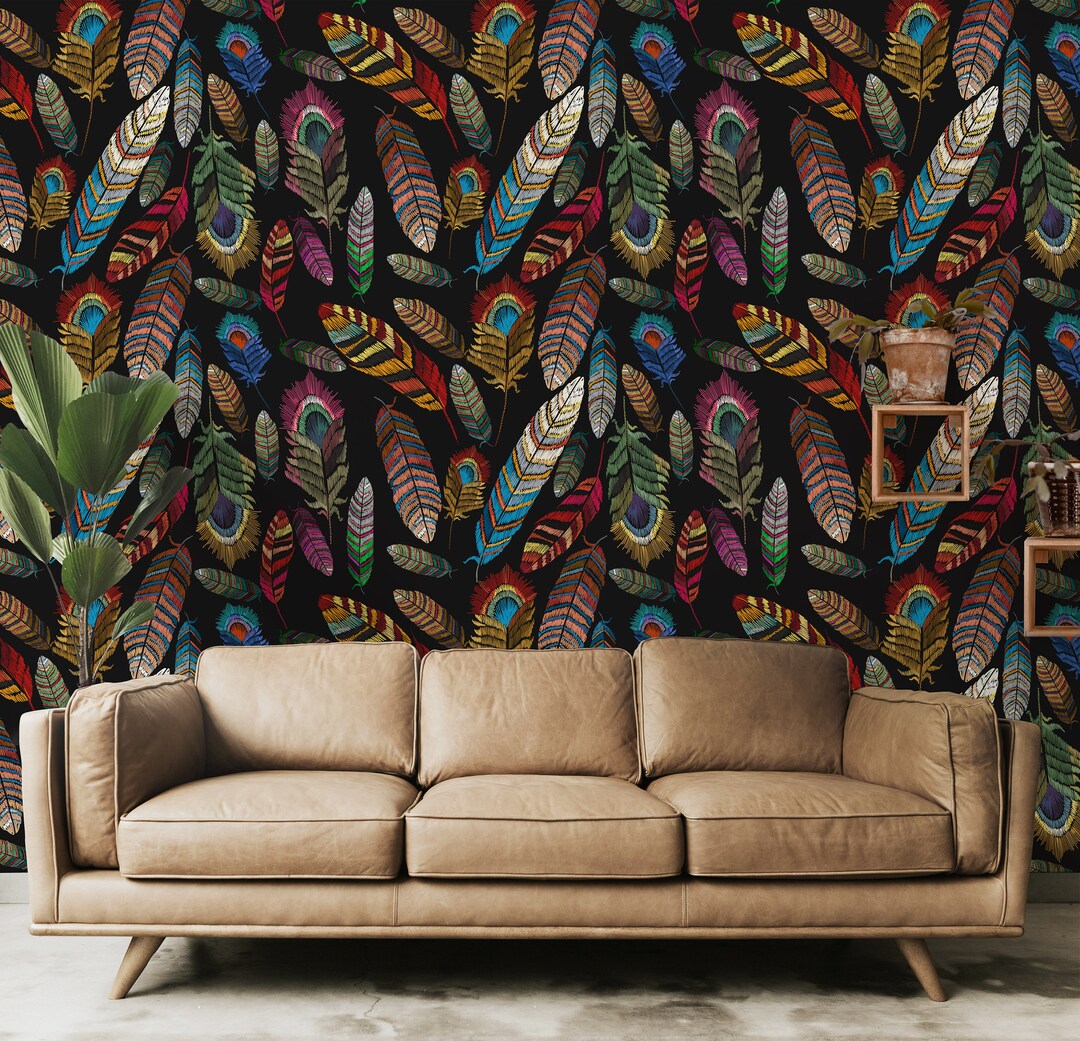 Black Feathers Wallpaper, Feather Boho Plumage Wall Decor - Etsy