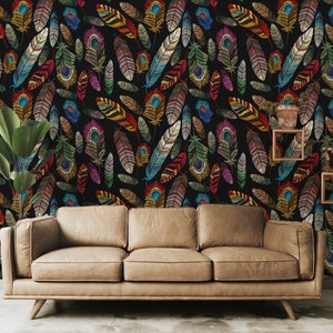 Black Feathers Wallpaper, Feather Boho Plumage Wall Decor