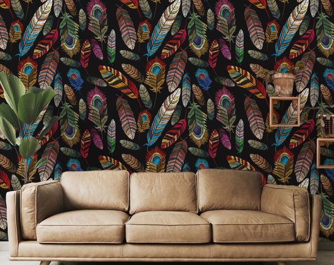Black Feathers Wallpaper, Feather Boho Plumage Wall Decor