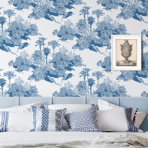 Tropical Blue Toile de Jouy Wallpaper - Exquisite Nature-Inspired Wall Decor for a Serene and Enchanting Ambiance