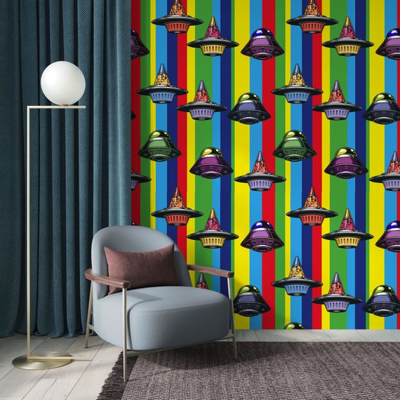 Alien Wallpaper for Space Decor, Ufo Wallpaper, Kid's Room Aliens Wall Art