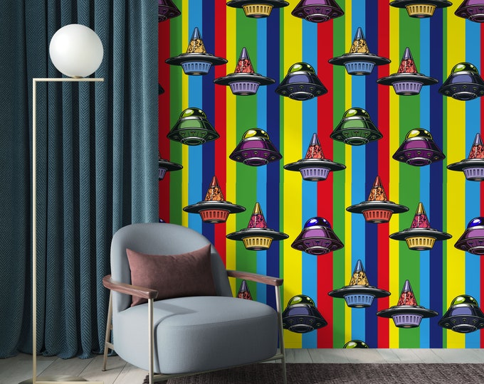Alien Wallpaper for Space Decor, Ufo Wallpaper, Kid's Room Aliens Wall Art