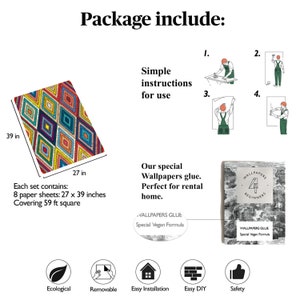 K&ouml;nnte beinhalten: Ein farbenfrohes geometrisches Tapetenmuster mit einem Diamantendesign. Die Tapete ist 27 Zoll breit und 39 Zoll hoch. Die Packung enth&auml;lt 8 Tapetenbahnen, die 59 Quadratfu&szlig; bedecken. Die Packung enth&auml;lt auch Anweisungen, Tapetenkleister und eine Anleitung f&uuml;r Anf&auml;nger.