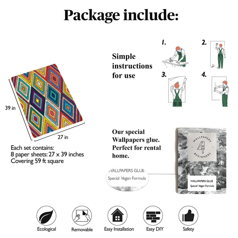 K&ouml;nnte beinhalten: Ein farbenfrohes geometrisches Tapetenmuster mit einem Diamantendesign. Die Tapete ist 27 Zoll breit und 39 Zoll hoch. Die Packung enth&auml;lt 8 Tapetenbahnen, die 59 Quadratfu&szlig; bedecken. Die Packung enth&auml;lt auch Anweisungen, Tapetenkleister und eine Anleitung f&uuml;r Anf&auml;nger.