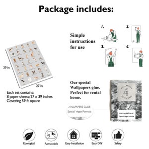 Puede incluir: Un conjunto de 8 hojas de papel tapiz con un patr&oacute;n de razas de perros. Cada hoja mide 68,6 cm por 99,1 cm, cubriendo 5,5 metros cuadrados. El paquete incluye instrucciones simples de uso, pegamento especial para papel tapiz y una gu&iacute;a para principiantes. El papel tapiz es ecol&oacute;gico, extra&iacute;ble, f&aacute;cil de instalar, f&aacute;cil de hacer t&uacute; mismo y seguro.