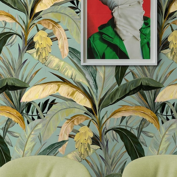 Green and Yellow Banana Leaf Wallpaper, Jungle Wall Decor, Bring Nature Indoors with a Fresh and Modern Design