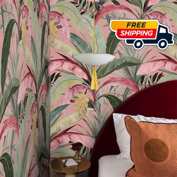 Green Banana Forest on Blush Pink - Bestselling Removable Wallpaper, Banana Leaves Jungle Wallpaper, Tropical Rainforest Wall Decor