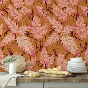 Pink leaves Orange wallpaper, Boho Chic Pink and orange Leaf Print Aesthetic Room Decor
