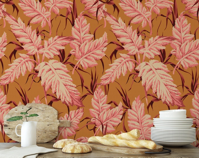 Pink leaves Orange wallpaper, Boho Chic Pink and orange Leaf Print Aesthetic Room Decor
