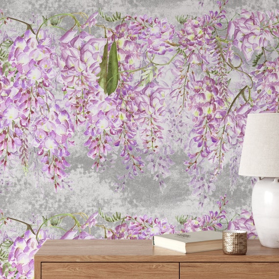 Beautiful Watercolor Wisteria Vine Hanging Wallpaper, Impressionism Blossom Flowers Wall Decor