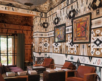Aztec Tribal Ikat Wallpaper, Extra Large Big Boho Navajo Geometric Batik Wall Decor, Black and White Abstract Wall Art