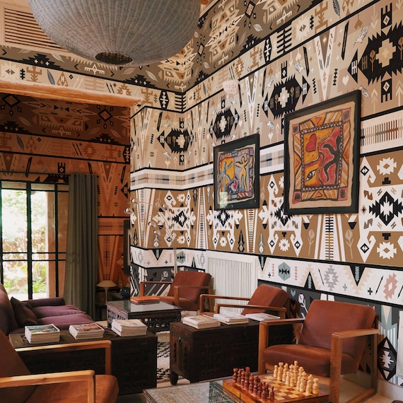 Aztec Tribal Ikat Wallpaper, Extra Large Big Boho Navajo Geometric Batik Wall Decor, Black and White Abstract Wall Art