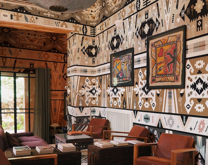 Aztec Tribal Ikat Wallpaper, Extra Large Big Boho Navajo Geometric Batik Wall Decor, Black and White Abstract Wall Art
