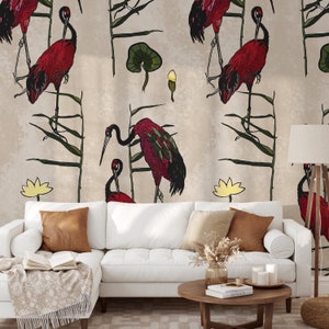 Vintage Chinoiserie Crane Wallpaper, Crane Wall Mural, Bird wallpaper