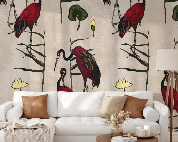 Vintage Chinoiserie Crane Wallpaper, Crane Wall Mural, Bird wallpaper