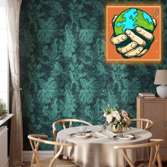 Persian Turquoise Damask Wallpaper, Antique Victorian fabric texture