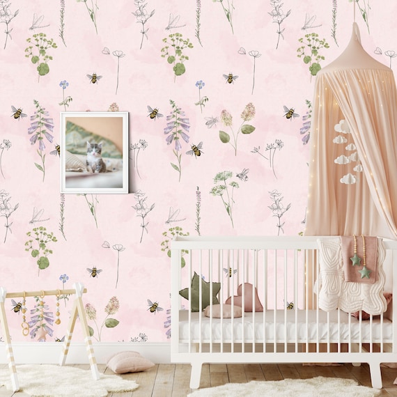 Blush Pink Watercolor Meadow Wallpaper, Jolie Floral Soft Color Nursery Wall Decor, Bee Girls Room Pastel Wall Art