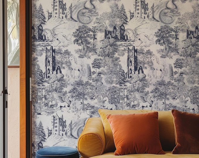 Fantasy Castle Wallpaper Toile de Jouy Mural with Unicorns, Dragons and Castles in 5 Colors – Magical Medieval Wall Decor for Kids & Adults