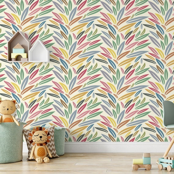 Colorful Little Leaves Wallpaper, Pastel Wall Decor for Kids, Forest Nursery Simple Wall Decoration