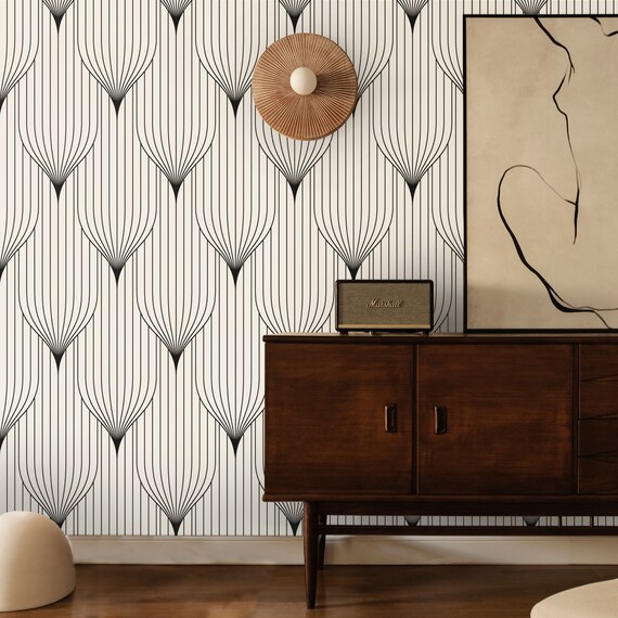 Art Deco Wallpaper, Black and White Folding Fan Wall Decor